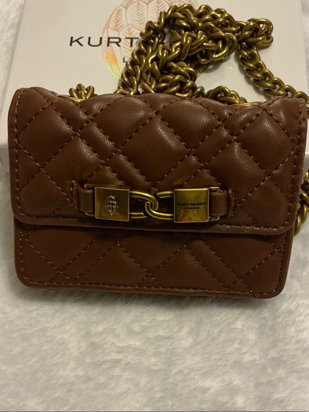 Kurt Geiger Quilted Brown Leather Micro Kingsley Crossbody chain purse 👜 - Picture 7 of 7